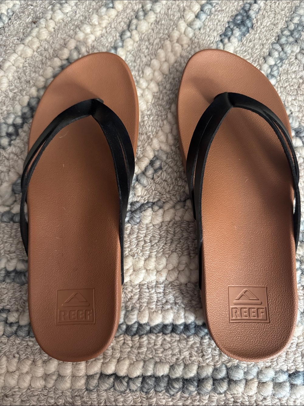 Reef Women's Tan Footbed Flip Flops with Black Straps